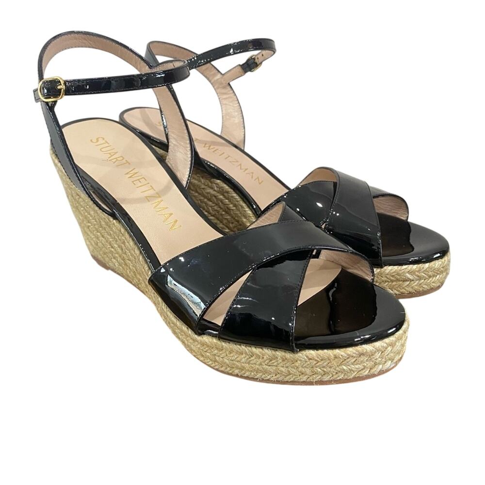 Stuart Weitzman Rosemaire Black Patent Leather Platform Espadrille Wedge Sandal